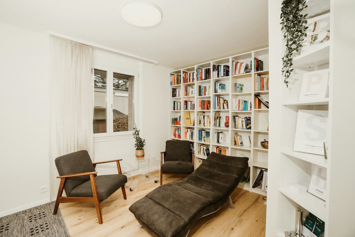 Cómoda oficina de terapia con sillones, diván y estanterías.