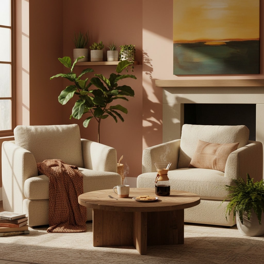 Dos sillones beiges, una mesa de centro de madera con café y galletas, y varias plantas decoran una sala con paredes terracota.
